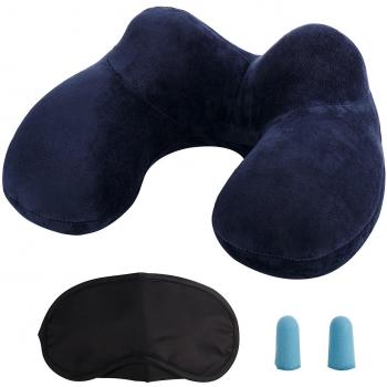 Almohada Inflable del Viaje, LUZWAY Cojín Inflable del Cuello de Viaje, Hecho de Terciopelo Suave y Funda Lavable con Tapones Para los Oídos , Máscara de los Ojos y Bolsa de Transporte [Azul]