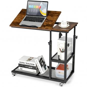 Mesita Lateral Móvil Forma de C Altura Regulable con Superficie Inclinable para Ordenador, Dimensiones 80 x 40 x 64-95 cm, Diseño Industrial, Ideal para Sofá, Salón y Dormitorio