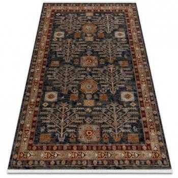 Alfombra Keshan de lana 250x340 cm, diseño oriental franjas azul oscuro y burdeos