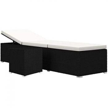 Cream White Poly Rattan Sun Lounger with Cushion and Tea Table