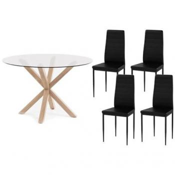 Pack Mesa Redonda de Cristal Templado + 4 Sillas de Polipiel y Metal Negro 120x75 cm