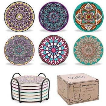 SueH Design Posavasos de Piedra Cerámica Absorbente para Bebidas con Estuche| Juego de 6 Originales Almohadillas Mandala para Vasos con Base de Corcho Protector | Un Regalo para Amigos y Familiares