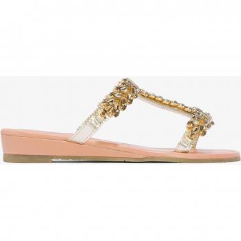 Sandalias de cuña de mujer en dorado de piel caprina con piedras napa oro