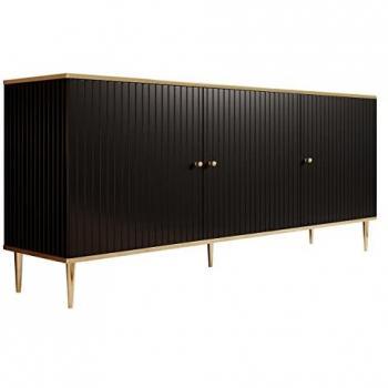 Aparador Charlotte 154 Negro y Dorado, 3 Puertas, Aglomerado Laminado y MDF, 180 x 76 x 40 cm