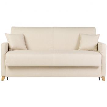 Sofá cama 3 plazas nórdico beige y madera clara con colchón de 18 cm SKANDY