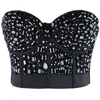 Charmian Women's Punk Rhinestone Push Up Bra Clubwear Party Bustier Crop Top Black X-Large