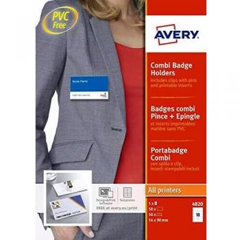 AVERY España 4820 - Kit porta-identificativos con alfiler/clip, transparente
