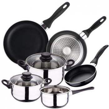 Well Home Batería de Cocina 5 Piezas Acero Inoxidable + Set de 3 Sartenes Antiadherentes Aluminio Prensado Ø16/20/24 cm