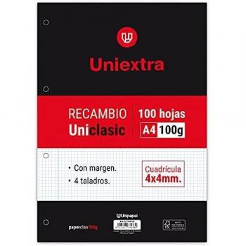 UNIPAPEL 53390900. Recambio 100 Hojas Cuadrícula 4x4, A4, 100g, PaperClas100g, Uniextra - Uniclasic