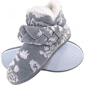 Dunlop Women's Grey Fairisle and Pink Cord Warm Fleece Plush Slipper Boots - Size 7 (UK)