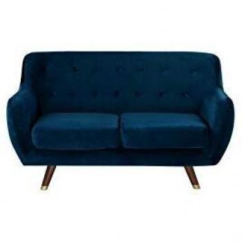 Sofá de 2 plazas en terciopelo azul marino con respaldo acolchado abotonado, asiento acolchado y patas de madera