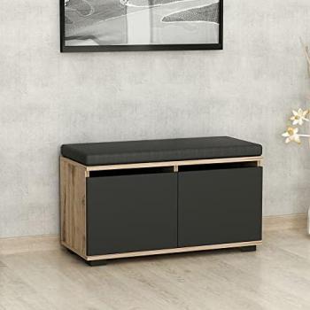 Banco zapatero Brande tapizado con 4 compartimentos, aglomerado/textil, 42 x 80 x 35 cm, efecto roble negro
