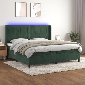 Cama box spring suave con colchón y terciopelo verde oscuro LED 200x200cm