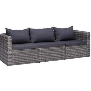 3-Piece Grey Poly Rattan Garden Sofa Set with Cushions