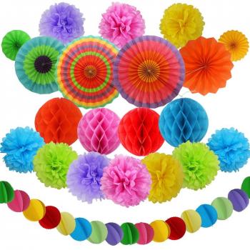 WINGLESCOUT 21 PCS Decoraciónes Cumpleaños, Paper Fan Faroles para Boda Decoraciones navideñas Party Supplies Incluyendo Papel Pompones, Ventiladores Colgantes de Papel