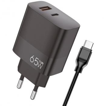 Cargador Universal Ultra Rápido PD USB-C + USB 65W + Cable USB-C GaN Negro