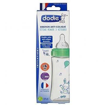 Biberón Dodie Initiation+ Anti-Cólicos 330ml Verde con Tétina Redonda 3 Velocidades +6 Meses