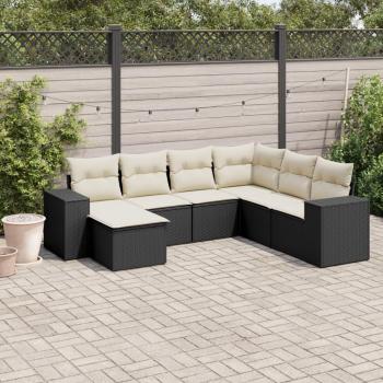 Set de comedor de jardín 7 piezas con cojines, ratán sintético negro