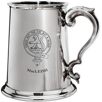 MacLeish Family Crest Polished Pewter 1 Pint Tankard with Scroll handle
