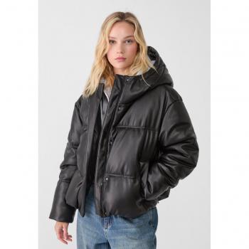 Stradivarius Black XL Faux Leather Puffer Jacket