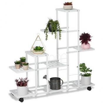 Estantería Metálica para Plantas con Ruedas, 9 Niveles, 91,5 x 93 x 26 cm, Repisas de Flores, Color Blanco