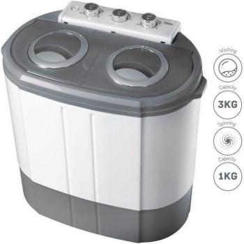 Briebe WM1140 Mini Lavadora Centrifugadora Portátil, 3Kg de capacidad de lavado, 2 compartimentos, programa de lavado de 15 minutos, potencia de 190 W, color Blanco/Gris
