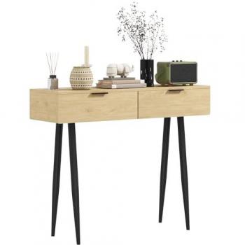 Mesa Consola Homcom de Madera y Acero con 2 Cajones, 100x30x80.5 cm, Color Roble