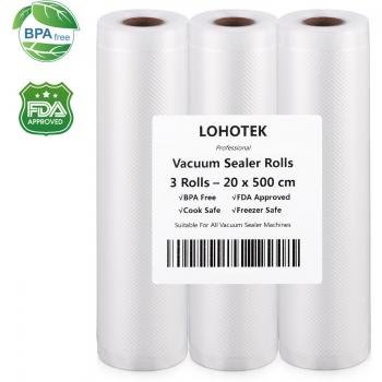 LOHOTEK Bolsas al Vacio, Rollos para Envasadora Sellador de Vacío 3 Rollos 20 x 500cm Bolsas Profesional para la Conservación de Alimentos Protector la Comida para Cocina