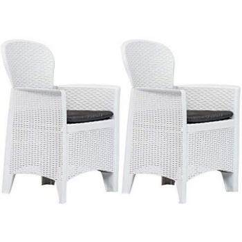 White Rattan Look Plastic Garden Chairs with Cushions - Set of 2