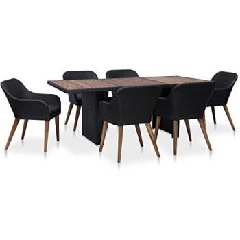 7-Piece Black Poly Rattan Outdoor Dining Set with Cushions