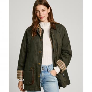 Pepe Jeans Women's Green Waxed Parka with Shirt Collar and Detachable Vest, Size L