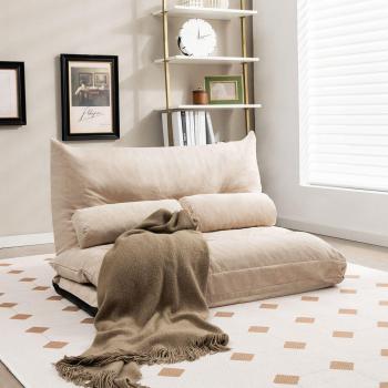 Beige Adjustable Backrest Convertible Twin Lazy Sofa Bed with Lumbar Pillows