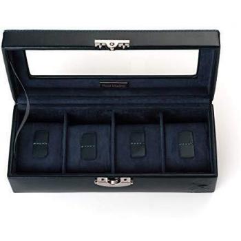 Real Madrid - Caja para Relojes con 4 Compartimentos Extraíbles, Hecho a Mano en Piel y con Tapa de Cristal. Color Azul RMJ-80001