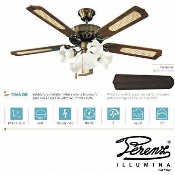 Ventilador de Techo Perenz 7066OB, 5 Palas, Diámetro 130 cm, Kit de Luz en Bronce Antiguo y Madera