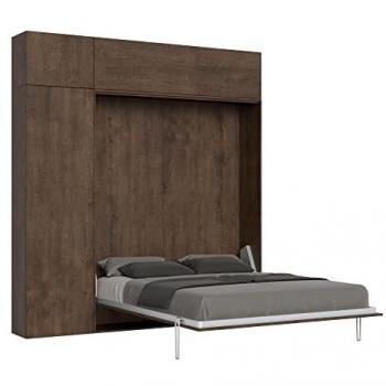 Cama abatible 160 vertical Kentaro con mueble efecto madera nogal, módulo a pared superior, módulo con apertura vasistas y espejo de popa