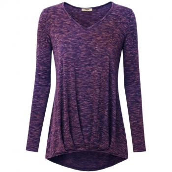 Mujer Blusa Color sólido Cuello V Camisa Manga Larga Camiseta Dobladillo irregular Pulóver Morado L