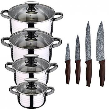 Batería de cocina 8 piezas apta para inducción San Ignacio Hita en acero inoxidable con set de 4 cuchillos de cocina de acero inoxidable Daimiel