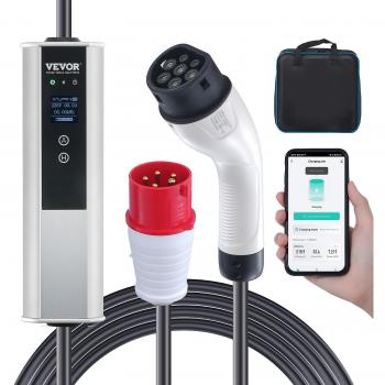Cargador Portátil para Vehículos Eléctricos Tipo 2 Vevor, 16 A, 3,68 kW/11 kW, Cable de 7,5 m, Enchufe CEE 16,