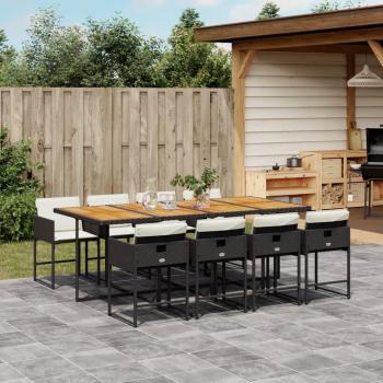 9 Piece Black Poly Rattan Garden Dining Set with Cushions