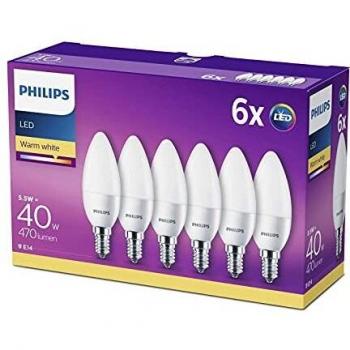 Philips LED E14 - Bombillas Vela, 5.5 W Equivalentes a 40 W en Incandescencia, 470 lúmenes, Luz Blanca Cálida, Pack de 6