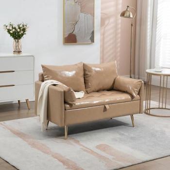 Sofá Sysmä de 2 Plazas con Almacenaje, Cuero Sintético y Madera, 72x122x65 cm - Cappuccino