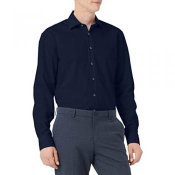 Camisa de Negocios Popelín Sin Planchado Regular con Cuello Kent en Color Azul Oscuro para Hombre