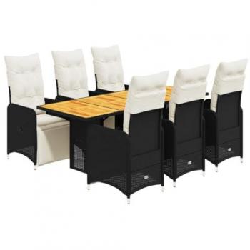 7-Piece Black Poly Rattan Garden Bistro Set with Cushions