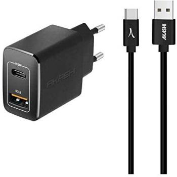 Cargador USB-C 20W PD QC 3.0 con cable USB-C Negro Akashi