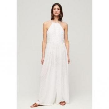 Superdry Women's Embroidered Jumpsuit, Casual Off White, Size L