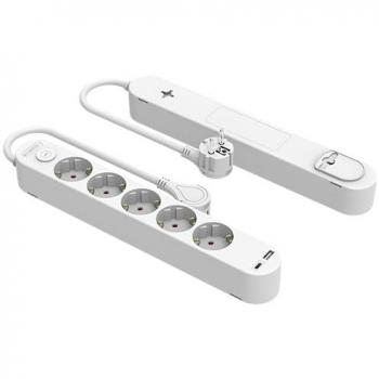 Base Múltiple Silver 5 Tomas con Puertos USB-A y USB-C, 3A, Cable de 1.5 m, Protección IK01 e IP20, Color Blanco