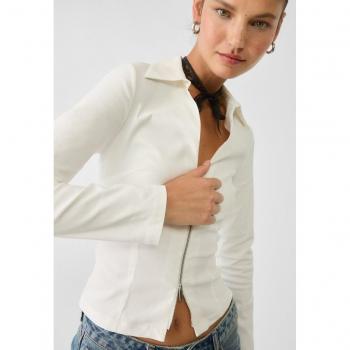Stradivarius Women's Fitted Zip Shirt White XL