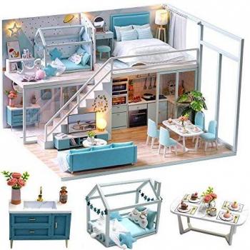 CUTEBEE Miniatura de la casa de muñecas con Muebles, Equipo de casa de muñecas de Madera DIY, más Resistente al Polvo y el Movimiento de música