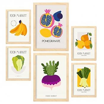 Set de 6 Posters de Comida y Alimentación con Frutas y Vegetales, Láminas de Naturaleza y Botánica para Decoración Interior, Tamaños A3 & A4, Marcos Color Madera