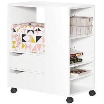 SoBuy Soporte para impresora de archivador con 2 cajones blanco, Mesa Auxiliar Mesa de Centro con 4 Ruedas, 2 Cajones y 5 Compartimentos Abiertos, Salón y Dormitorio, Blanco,